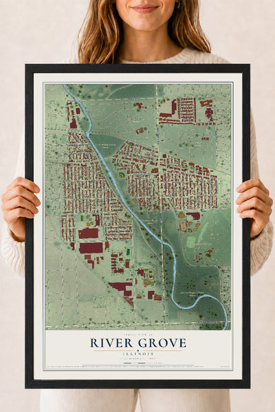 Map of River Grove, Illinois, 18 x 24 inch print in a black wood frame