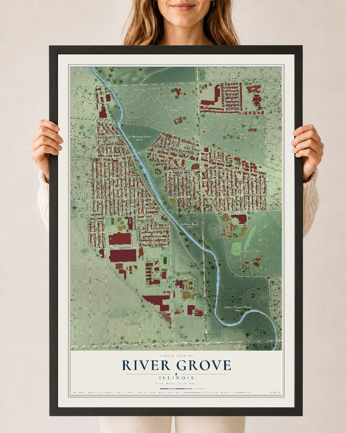 Map of River Grove, Illinois, 24 x 36 inch print in a black wood frame