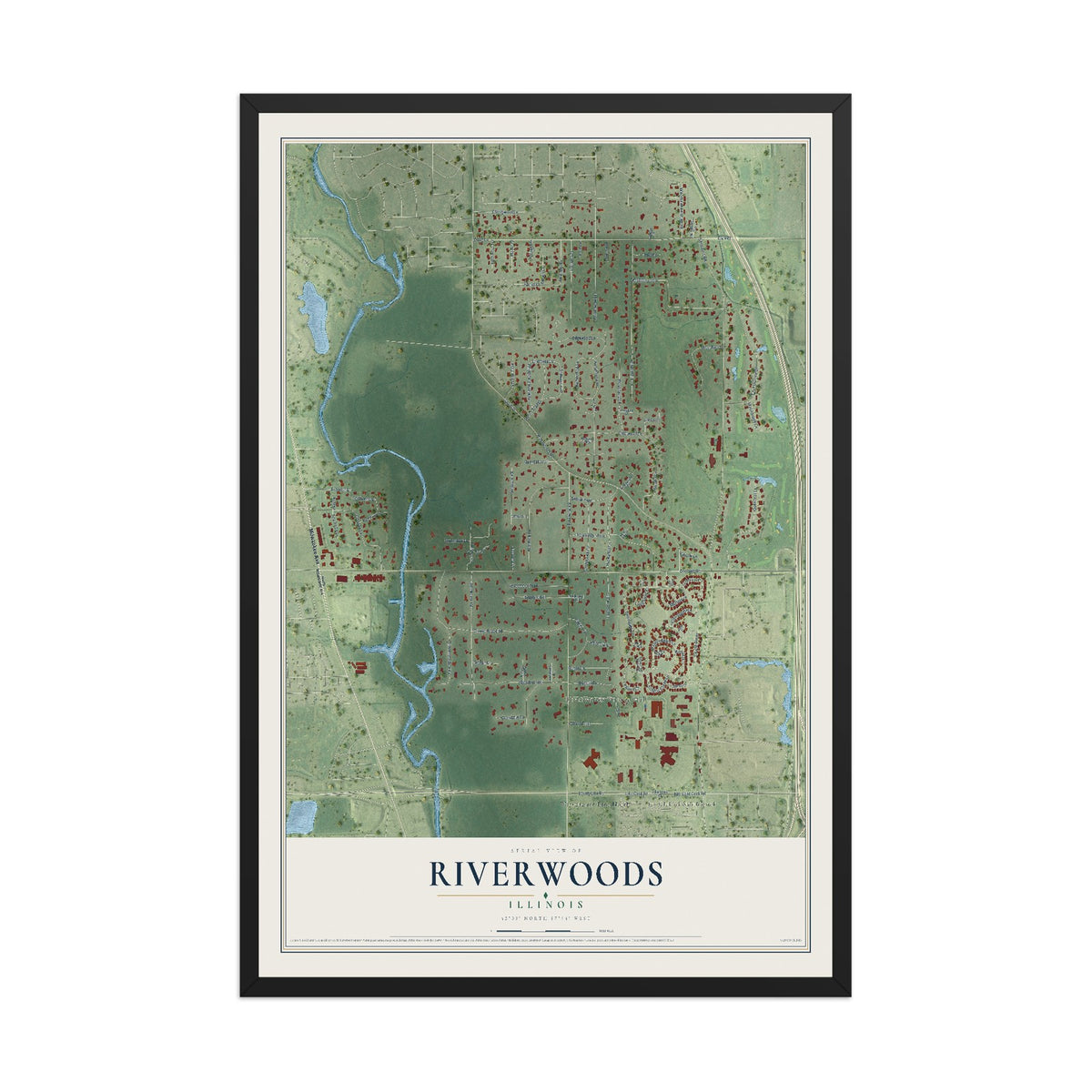 Map of Riverwoods, Illinois, 12 x 18 inch print in a black wood frame