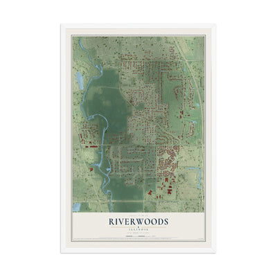 Map of Riverwoods, Illinois, 12 x 18 inch print in a white wood frame