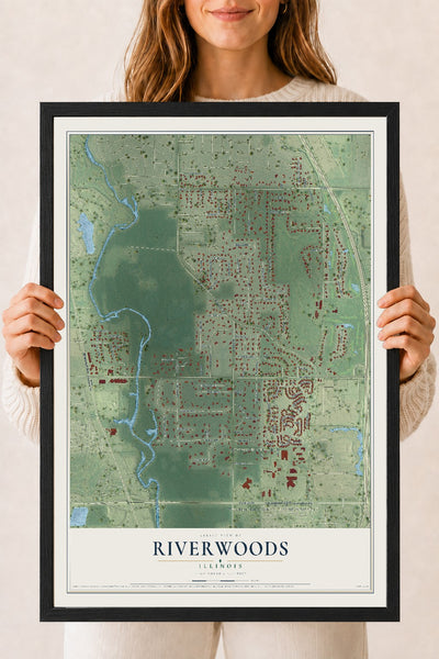 Map of Riverwoods, Illinois, 18 x 24 inch print in a black wood frame