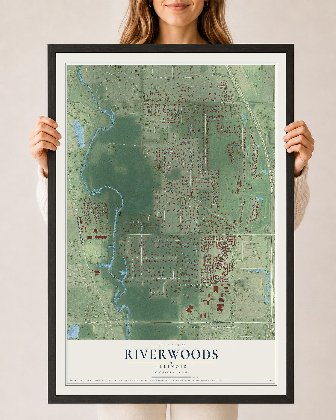 Map of Riverwoods, Illinois, 24 x 36 inch print in a black wood frame