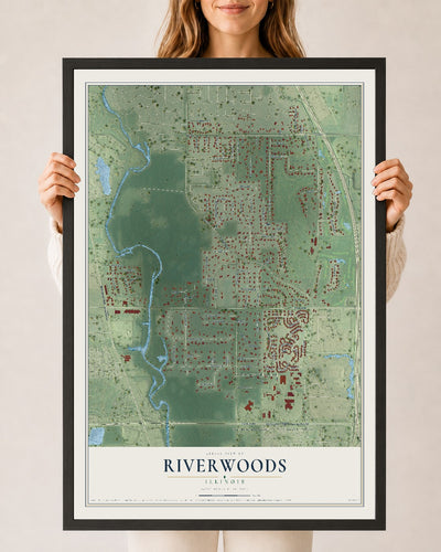 Map of Riverwoods, Illinois, 24 x 36 inch print in a black wood frame