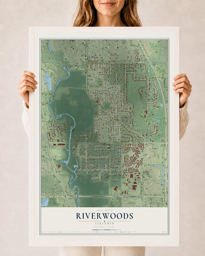 Map of Riverwoods, Illinois, 24 x 36 inch print in a white wood frame