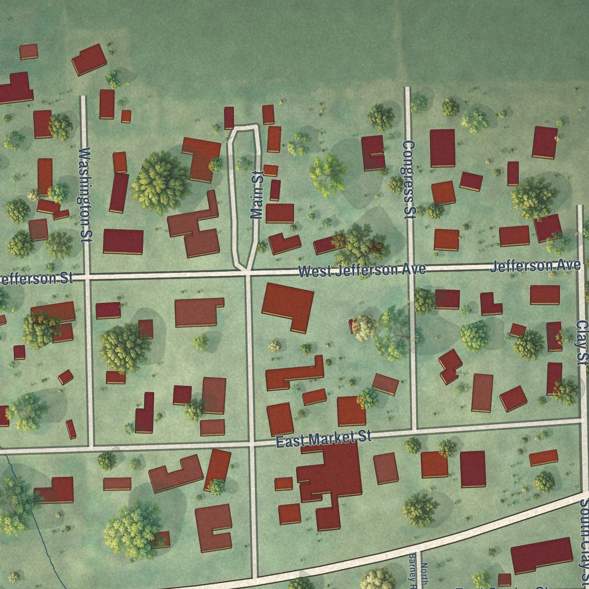 Close-up of the map of Rock City, Illinois print showing street and building detail