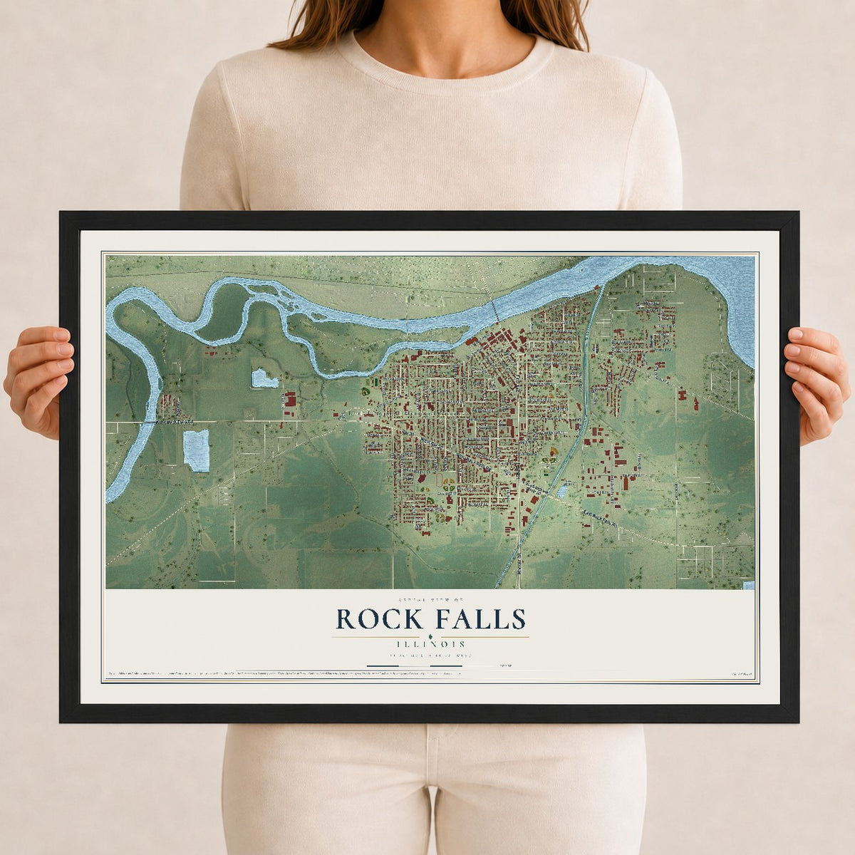 Map of Rock Falls, Illinois, 12 x 18 inch print in a black wood frame