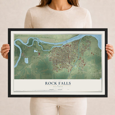Map of Rock Falls, Illinois, 12 x 18 inch print in a black wood frame