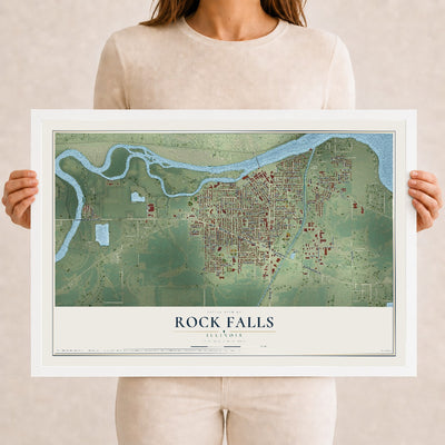 Map of Rock Falls, Illinois, 12 x 18 inch print in a white wood frame