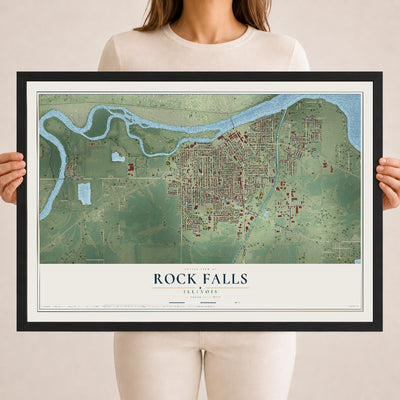 Map of Rock Falls, Illinois, 18 x 24 inch print in a black wood frame