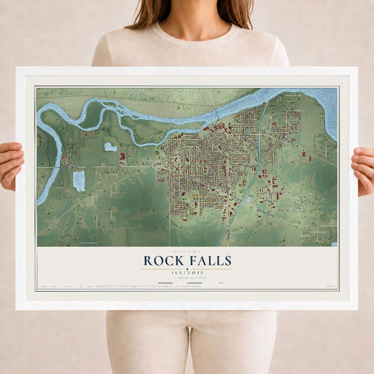 Map of Rock Falls, Illinois, 18 x 24 inch print in a white wood frame