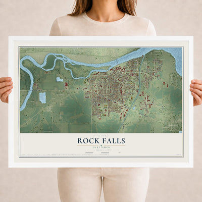 Map of Rock Falls, Illinois, 18 x 24 inch print in a white wood frame