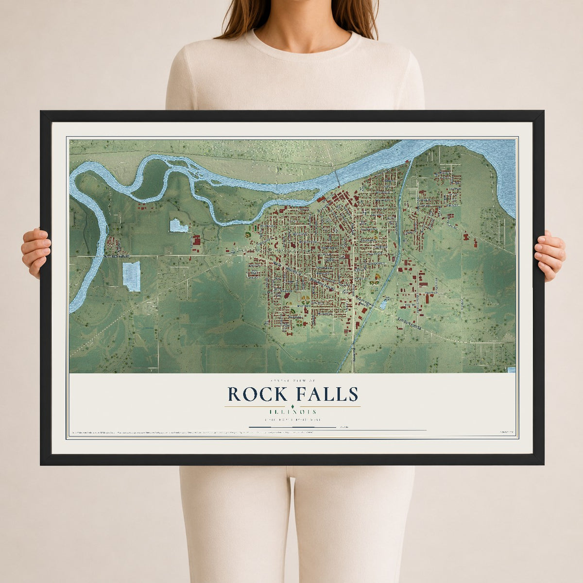Map of Rock Falls, Illinois, 24 x 36 inch print in a black wood frame