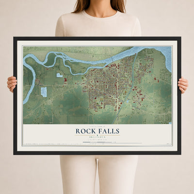 Map of Rock Falls, Illinois, 24 x 36 inch print in a black wood frame