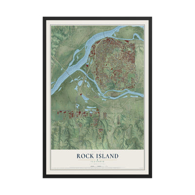 Map of Rock Island, Illinois, 12 x 18 inch print in a black wood frame