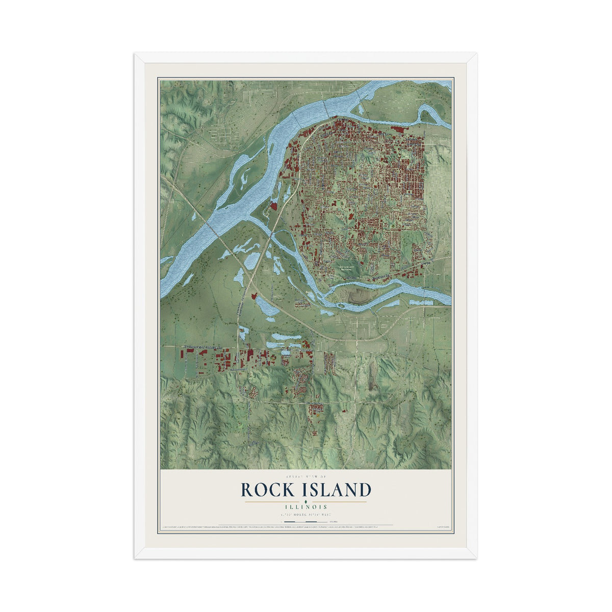 Map of Rock Island, Illinois, 12 x 18 inch print in a white wood frame