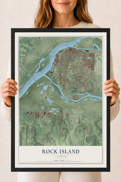 Map of Rock Island, Illinois, 18 x 24 inch print in a black wood frame