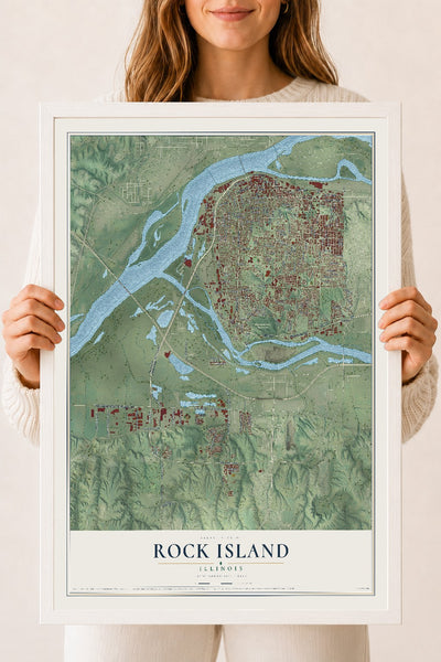 Map of Rock Island, Illinois, 18 x 24 inch print in a white wood frame