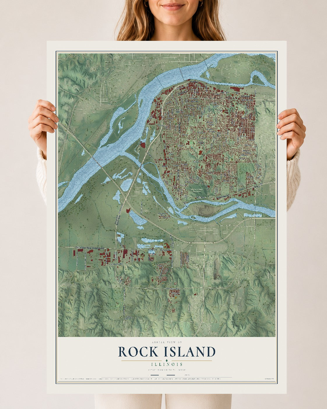 Map of Rock Island, Illinois, 24 x 36 inch unframed archival matte print