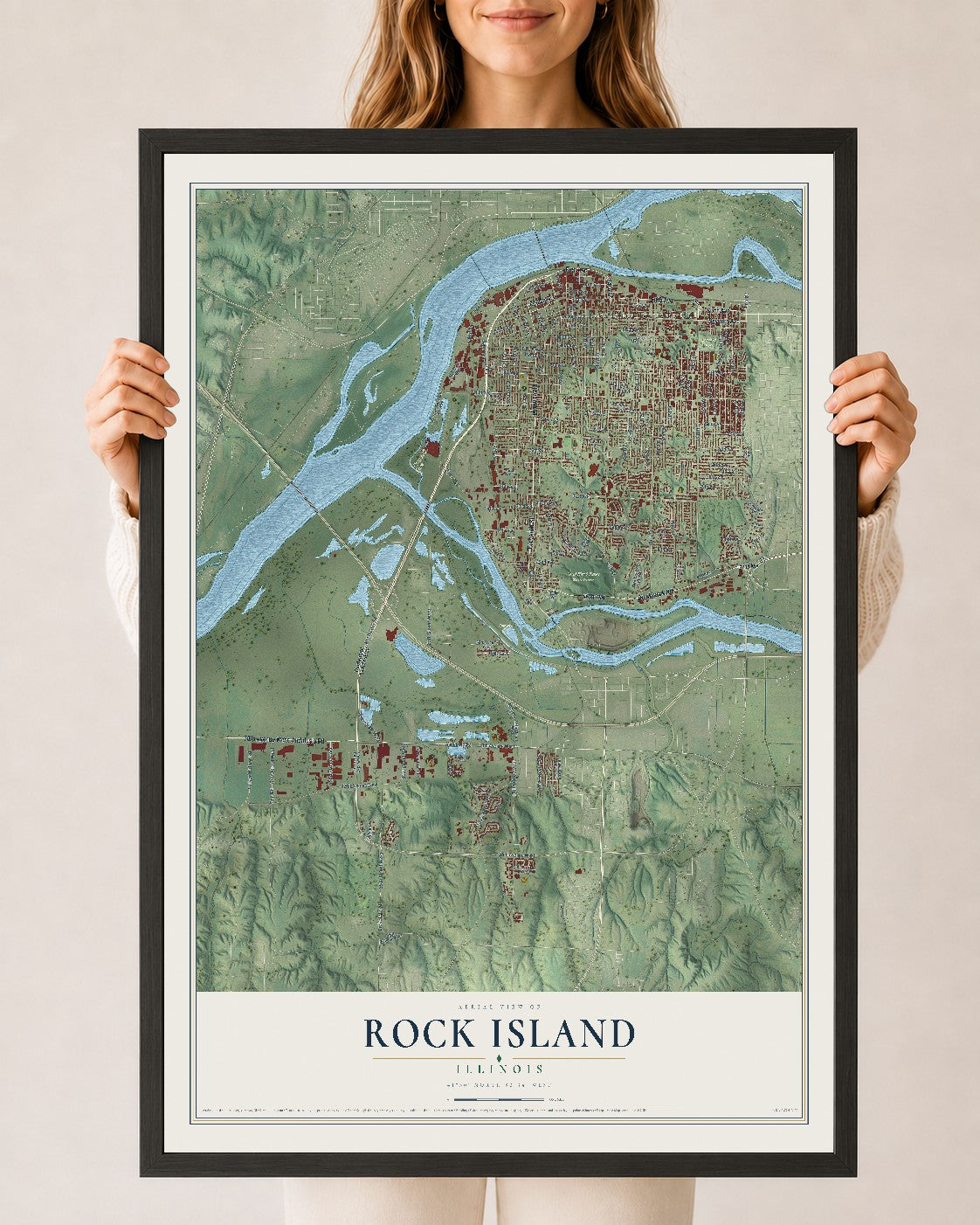 Map of Rock Island, Illinois, 24 x 36 inch print in a black wood frame