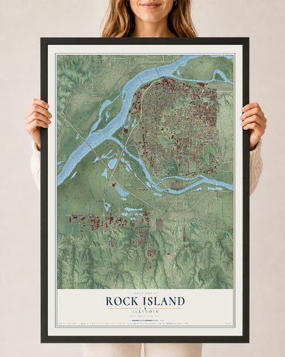 Map of Rock Island, Illinois, 24 x 36 inch print in a black wood frame