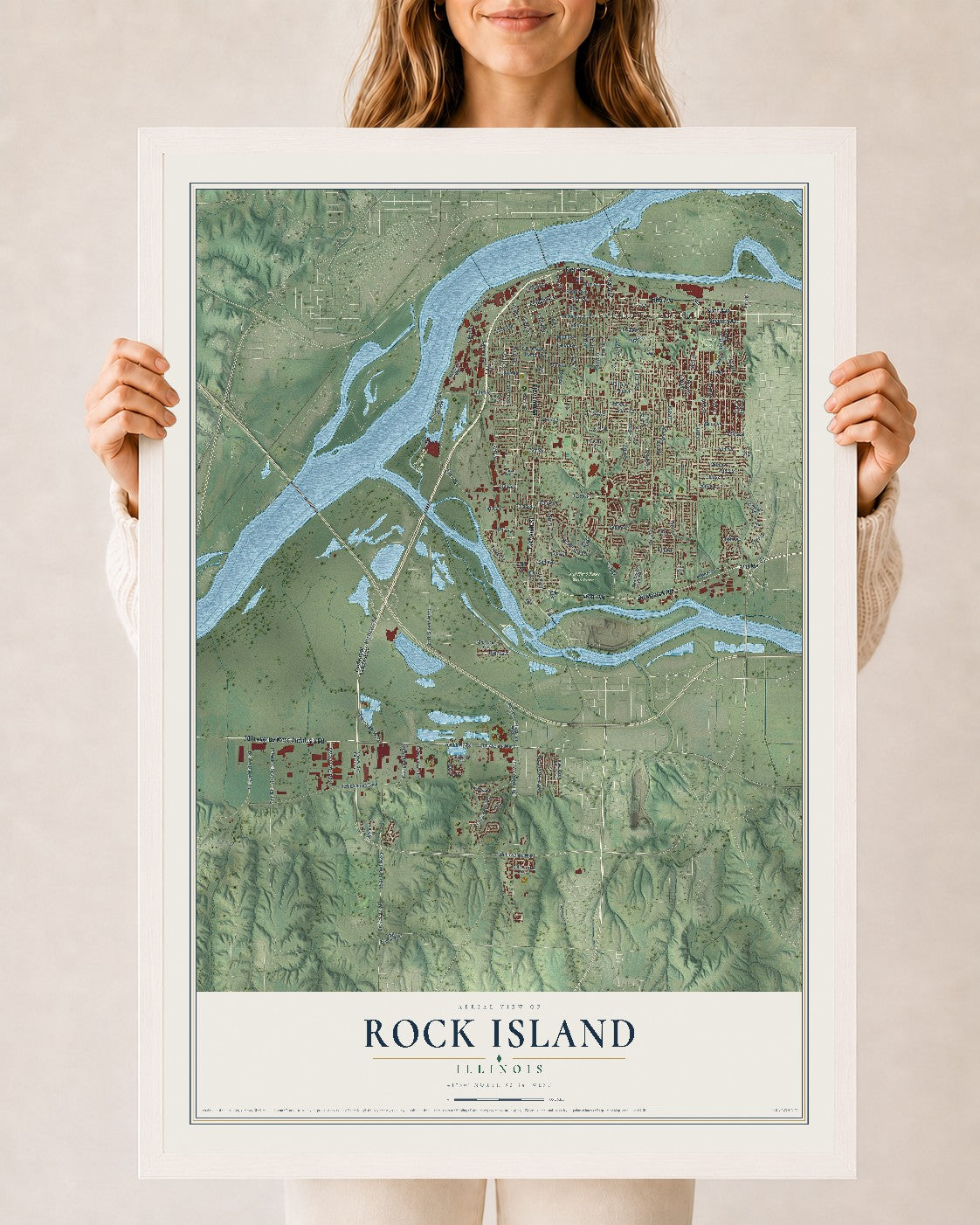 Map of Rock Island, Illinois, 24 x 36 inch print in a white wood frame