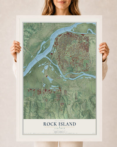 Map of Rock Island, Illinois, 24 x 36 inch print in a white wood frame