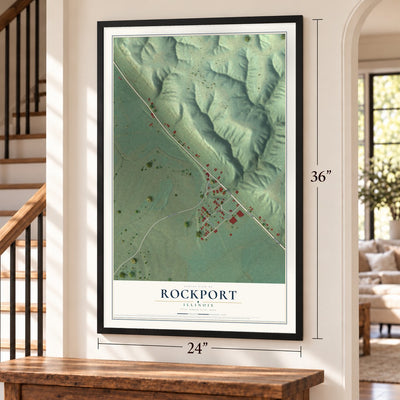 Rockport, Illinois map, 24 x 36 inch print in a black frame by a staircase
