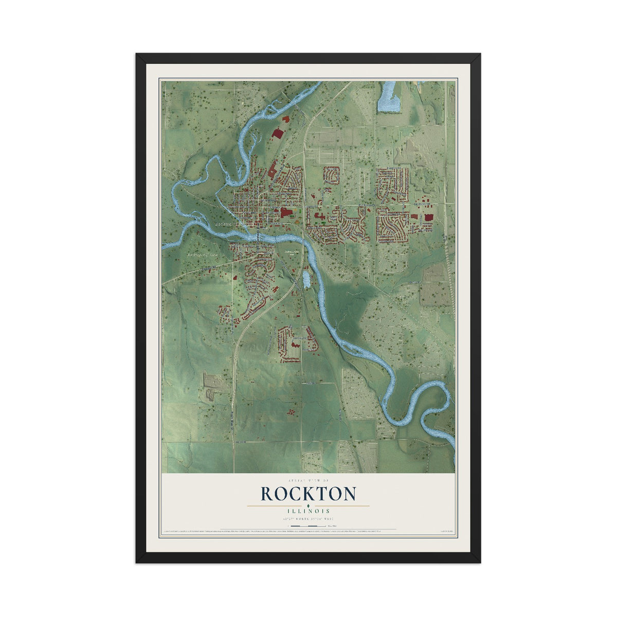 Map of Rockton, Illinois, 12 x 18 inch print in a black wood frame