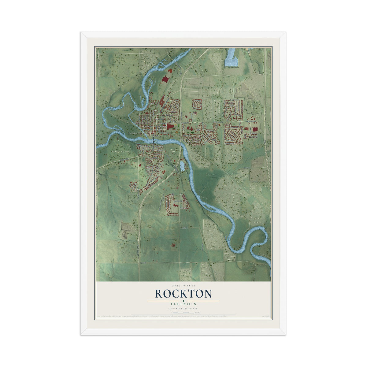 Map of Rockton, Illinois, 12 x 18 inch print in a white wood frame