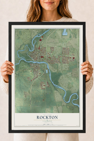 Map of Rockton, Illinois, 18 x 24 inch print in a black wood frame