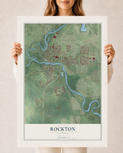 Map of Rockton, Illinois, 24 x 36 inch print in a white wood frame
