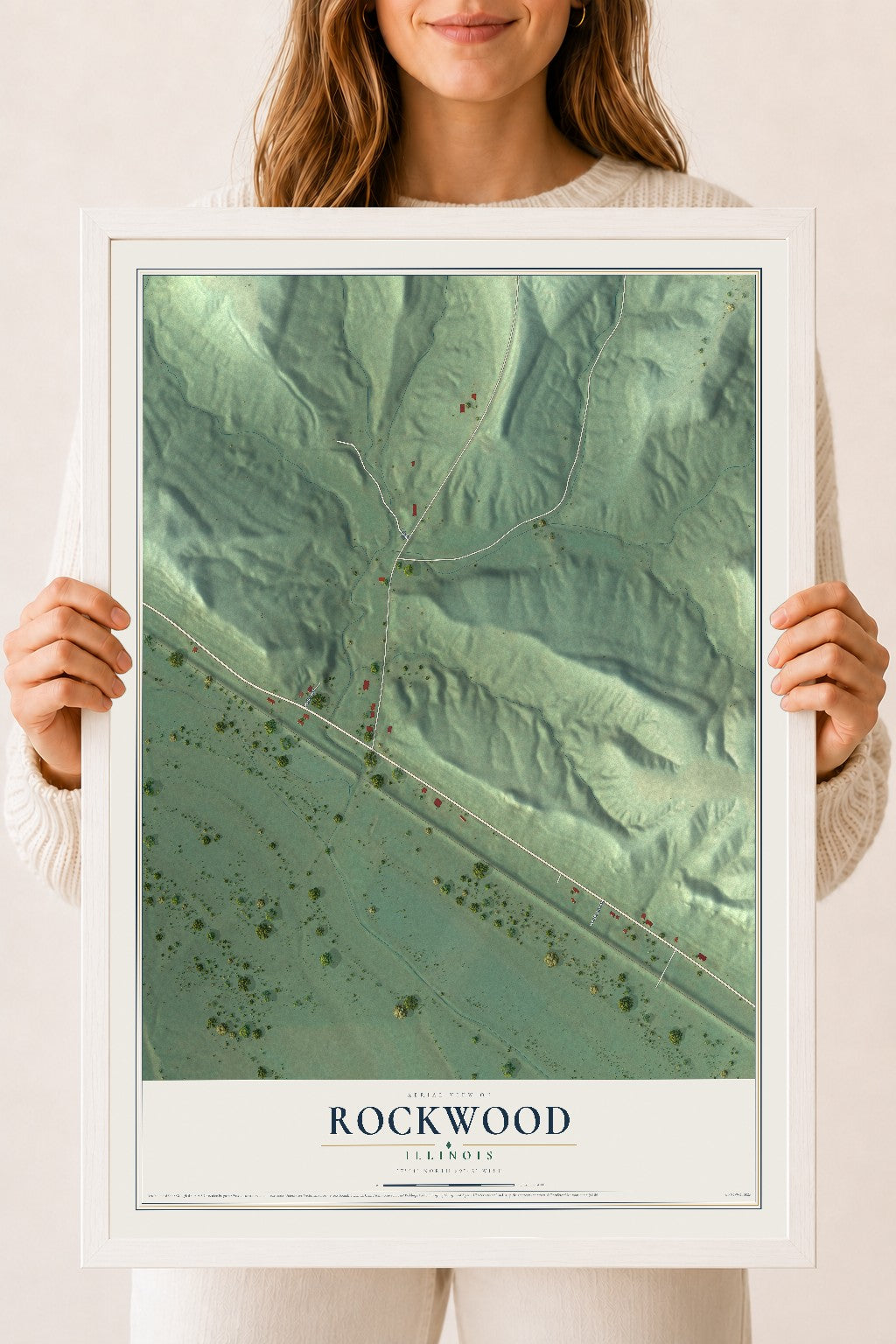 Map of Rockwood, Illinois, 18 x 24 inch print in a white wood frame