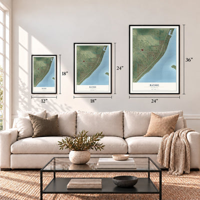 Rome, Illinois map in 12 x 18, 18 x 24 and 24 x 36 inch sizes above a sofa