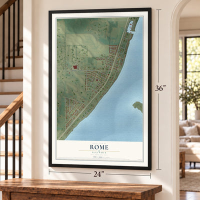 Rome, Illinois map, 24 x 36 inch print in a black frame by a staircase