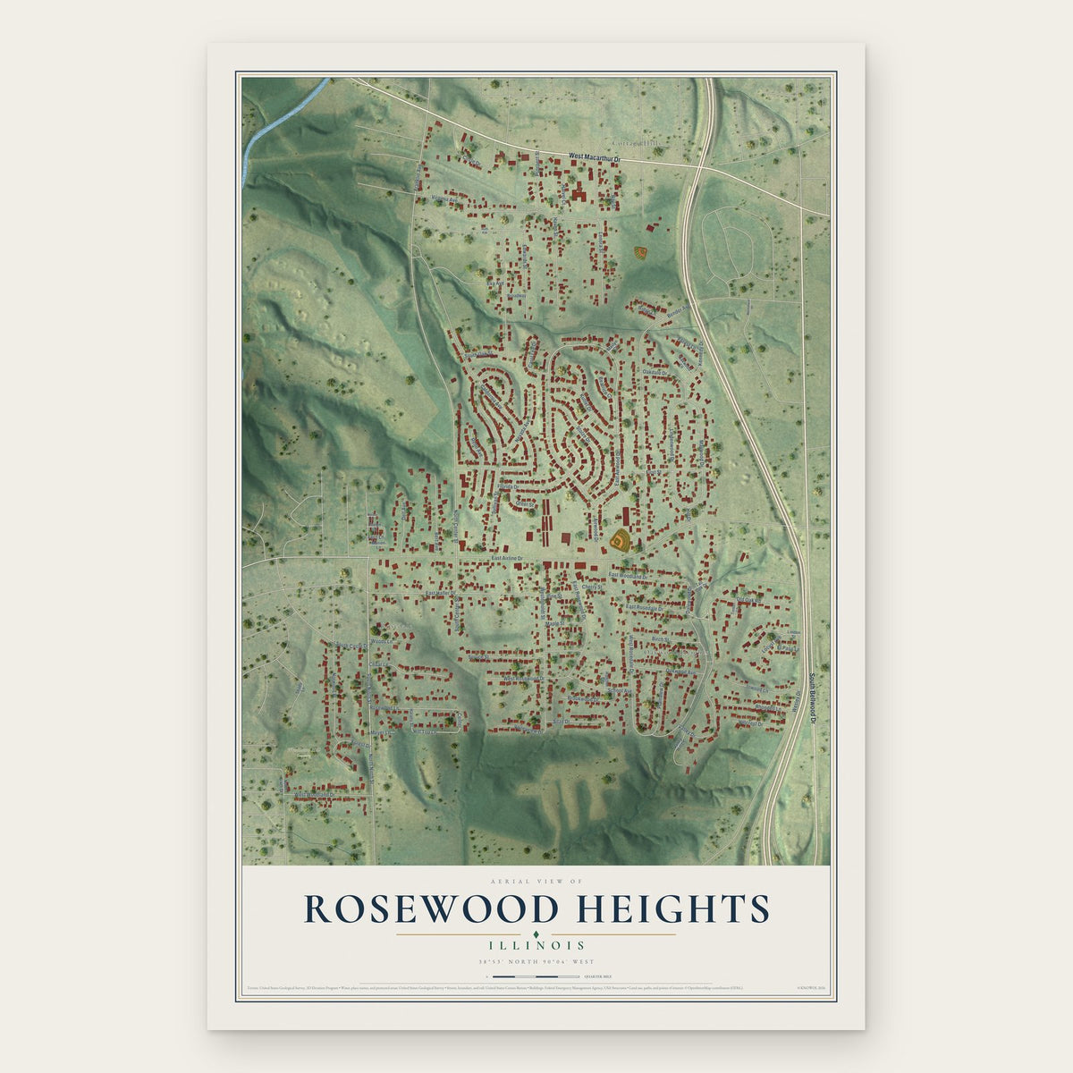 Rosewood Heights, Illinois map print, the full design