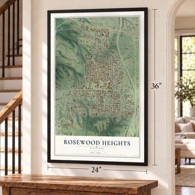Rosewood Heights, Illinois map, 24 x 36 inch print in a black frame by a staircase