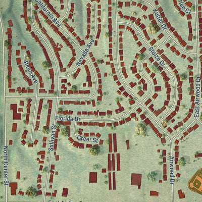 Close-up of the map of Rosewood Heights, Illinois print showing street and building detail