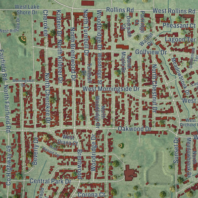 Second close-up of the map of Round Lake Beach, Illinois print showing more streets and buildings