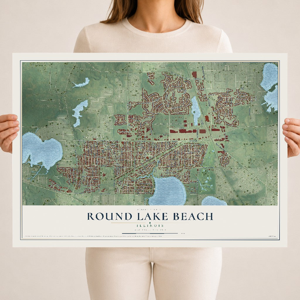 Map of Round Lake Beach, Illinois, 18 x 24 inch unframed archival matte print