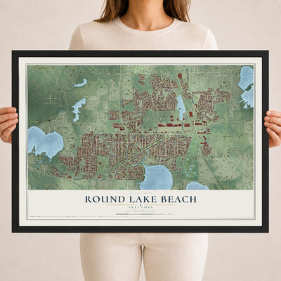 Map of Round Lake Beach, Illinois, 18 x 24 inch print in a black wood frame