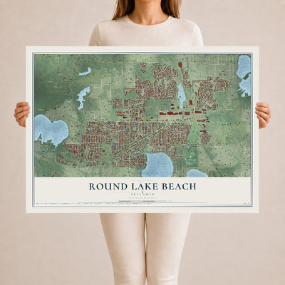 Map of Round Lake Beach, Illinois, 24 x 36 inch unframed archival matte print