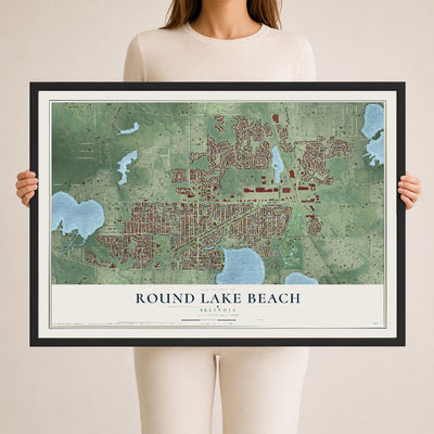 Map of Round Lake Beach, Illinois, 24 x 36 inch print in a black wood frame