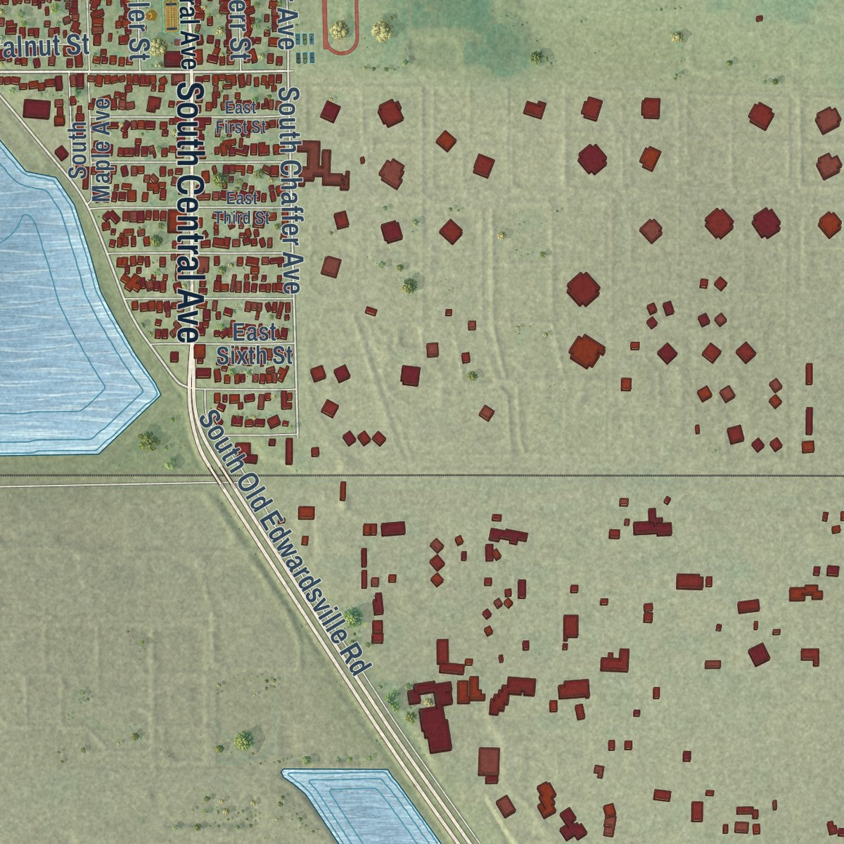 Close-up of the map of Roxana, Illinois print showing street and building detail