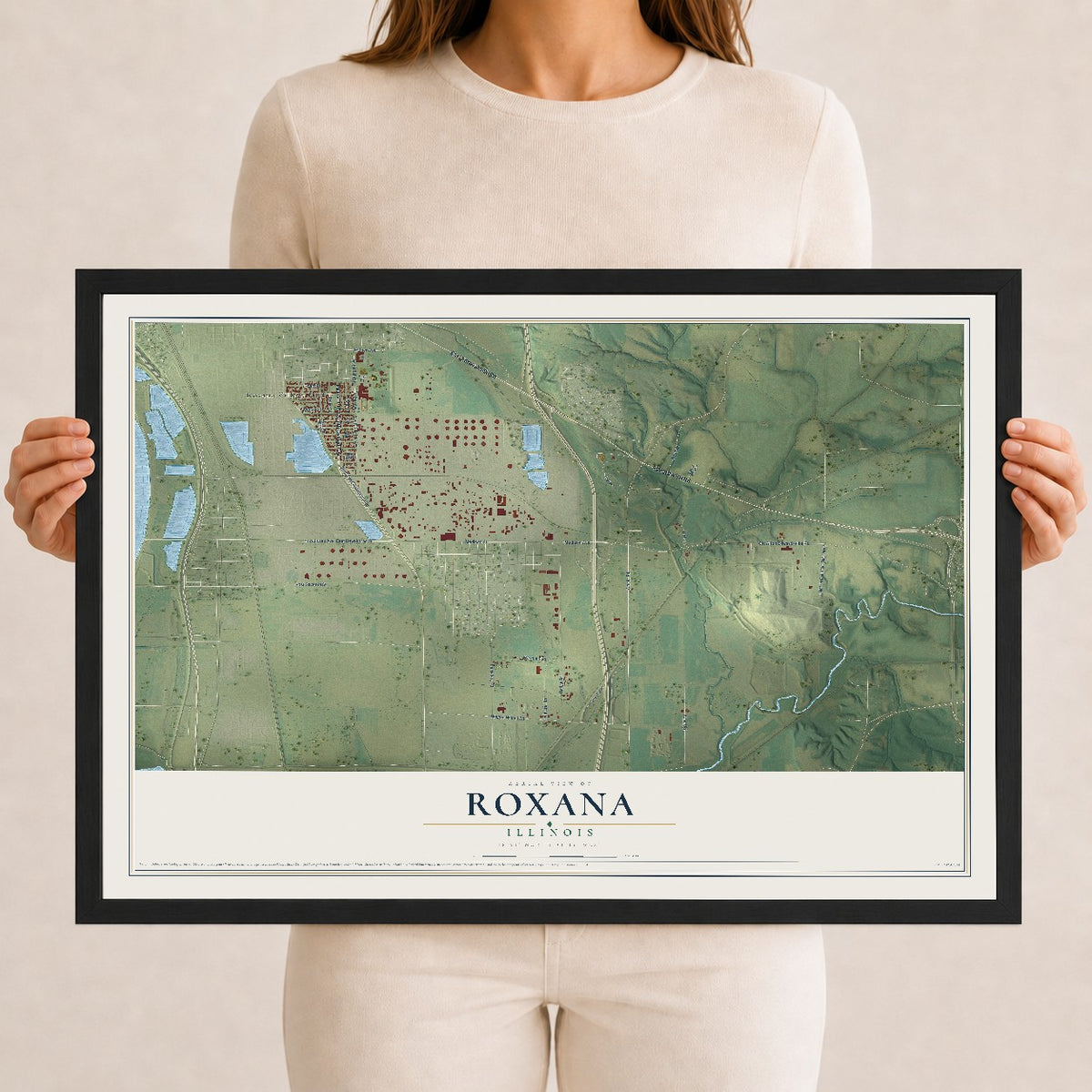 Map of Roxana, Illinois, 12 x 18 inch print in a black wood frame
