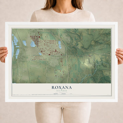 Map of Roxana, Illinois, 18 x 24 inch print in a white wood frame