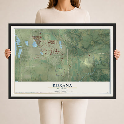 Map of Roxana, Illinois, 24 x 36 inch print in a black wood frame