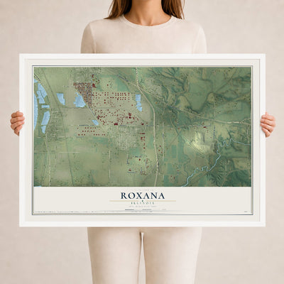 Map of Roxana, Illinois, 24 x 36 inch print in a white wood frame