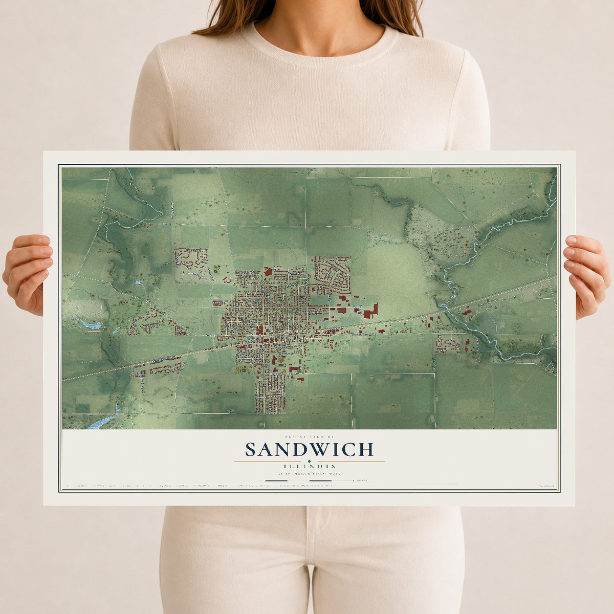 Map of Sandwich, Illinois, 12 x 18 inch unframed archival matte print