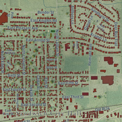 Close-up of the map of Sandwich, Illinois print showing street and building detail