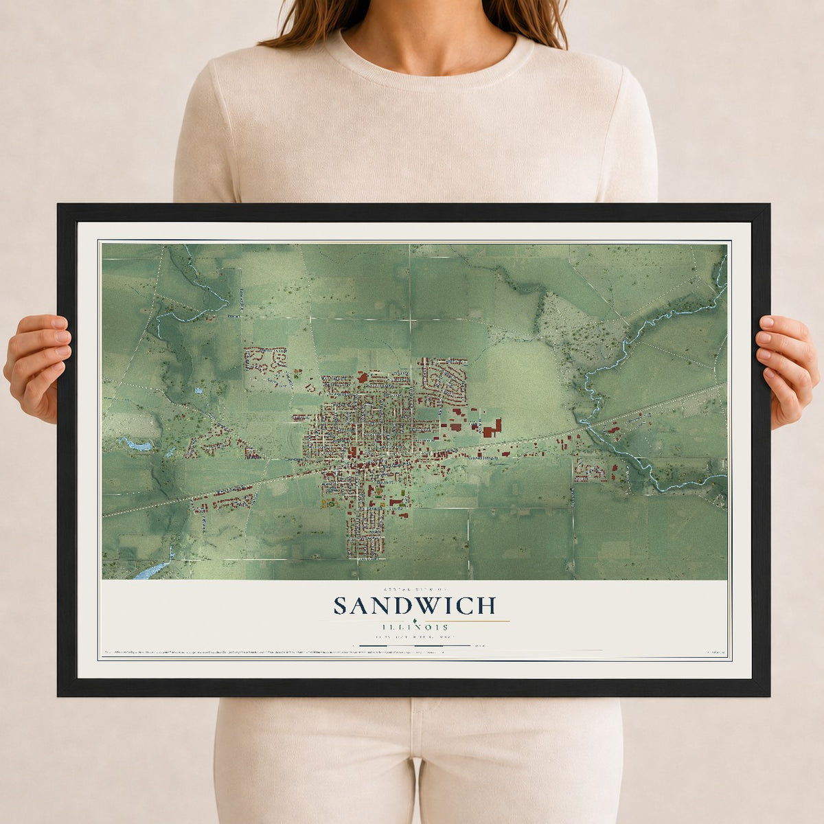 Map of Sandwich, Illinois, 12 x 18 inch print in a black wood frame